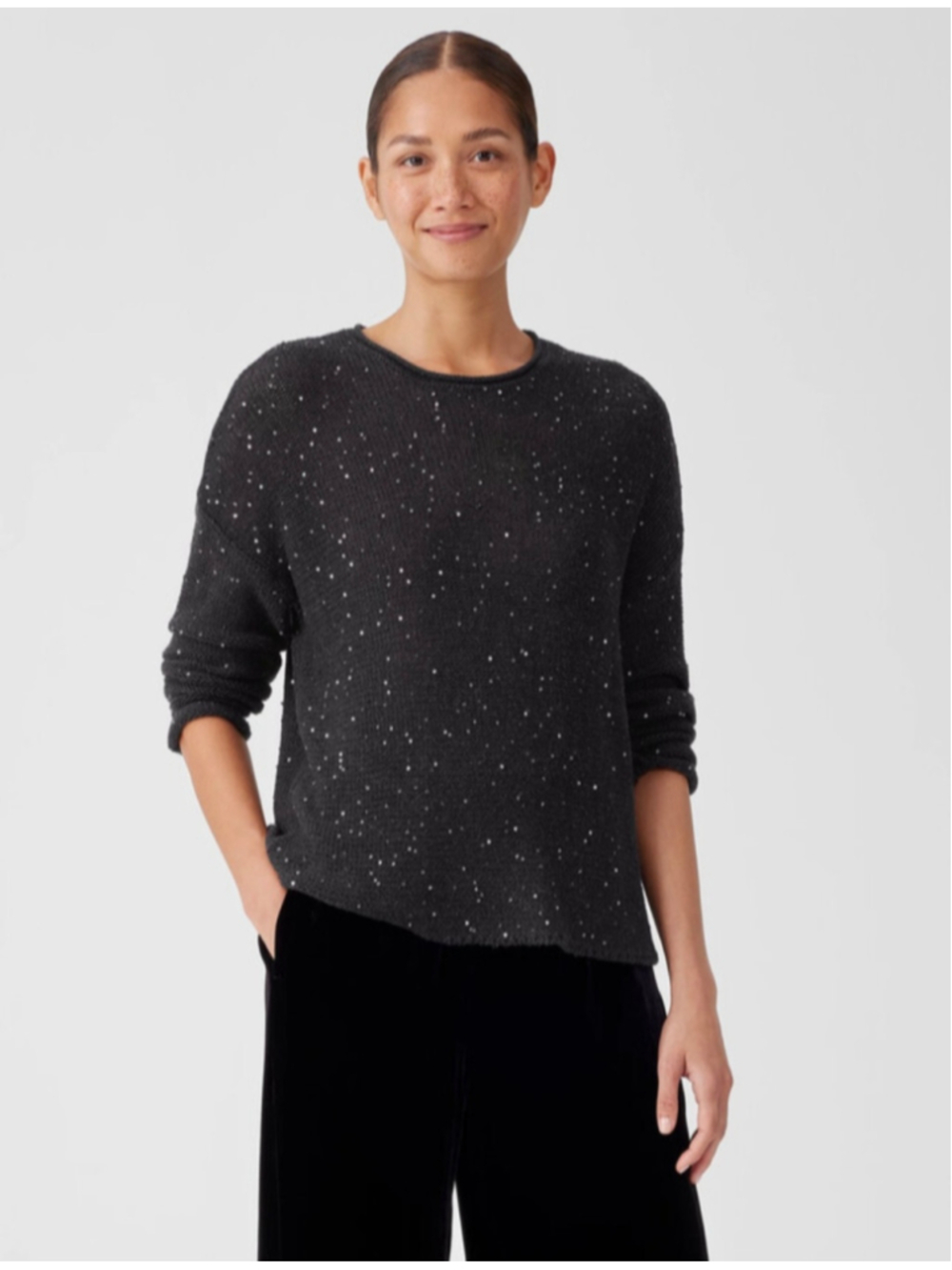 Women's Eileen Fisher Sequin Embellished Merino Wool Sweater Black Size S/pJo